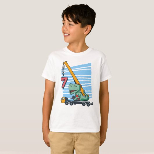 7 jaar 7e verjaardag Mobiele kraan Dinosaur T-shirt (Voorkant volledig)