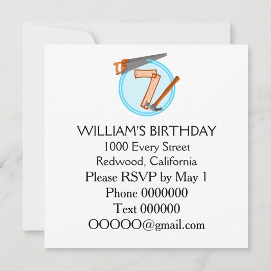 7 jaar oude Jongensbouwer Gereedschap Verjaardagso Kaart (Achterkant)