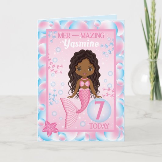 7 jaar oude zwarte zeemeermin | Happy Birthday Kaa Kaart (Voorkant)