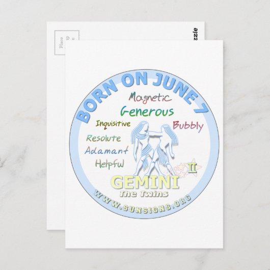 7 juni - Verjaardag Gemini Briefkaart (Voorkant / Achterkant)