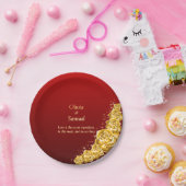 7" Names and Gold Flowers on Red Maroon  Papieren Bordje (Feest)