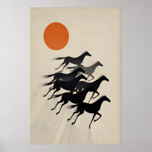 7 Paarden Muurkunst Minimalistische Zwarte Silhoue Poster