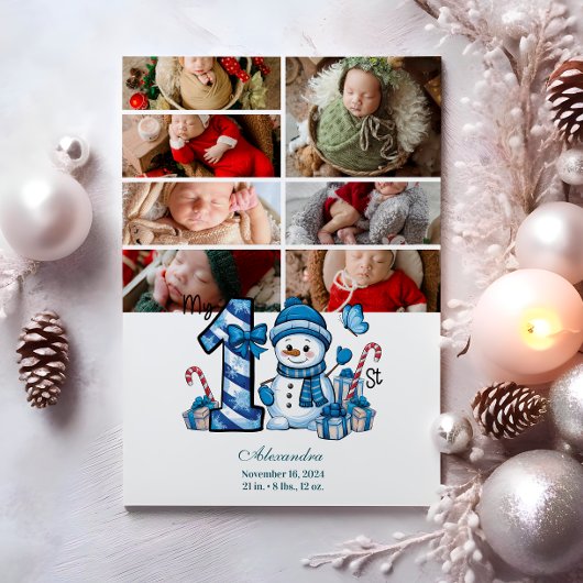 7 Photo Blue Snowman First Christmas Feestdagenkaart