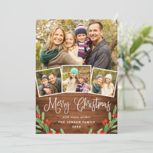 7 PHOTO Kerstmis Rustic Brown Wood Greeting Feestdagenkaart (Staand voorkant)