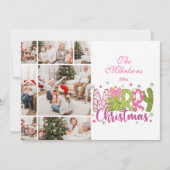7 Photo Pink Green Bow Tree Merry Christmas Feestdagenkaart (Voorkant)