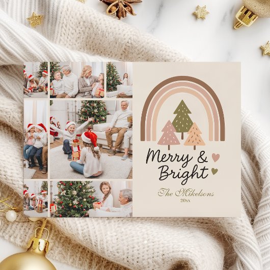 7 Photo Retro Neutral Rainbow Merry & Bright  Feestdagenkaart