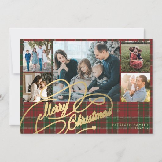 7 photos Merry Christmas script red green plaid Feestdagenkaart (Voorkant)
