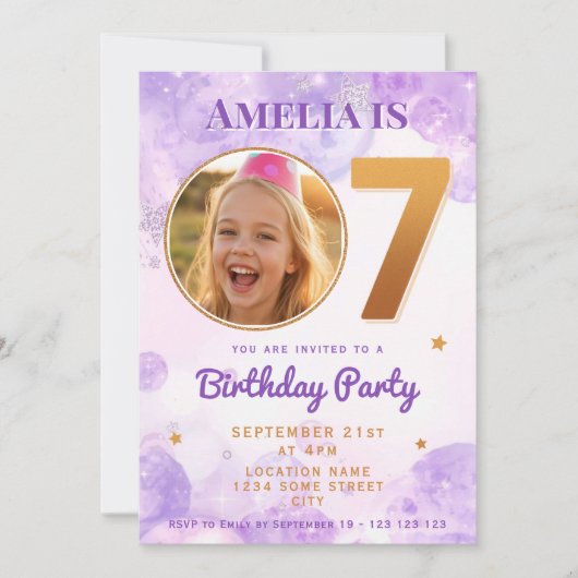 7 Purple Gold Star Bubbles Birthday Invitation Kaart (Voorkant)