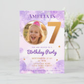 7 Purple Gold Star Bubbles Birthday Invitation Kaart (Staand voorkant)