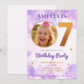 7 Purple Gold Star Bubbles Birthday Invitation Kaart (Voorkant / Achterkant)