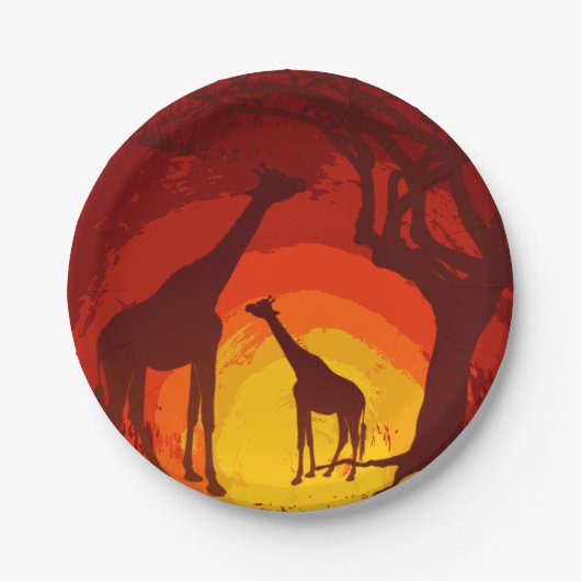7" Rond papier Bord Afrikaanse Safari Giraffe Zon (Voorkant)