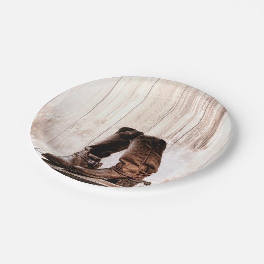 7" Rond Papier Bord Laarzen Landelijk Rustiek West (Gekanteld)