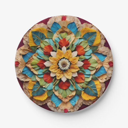 7" Rond Papier Bord met Levendige Mandala Print" (Voorkant)