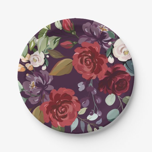 7" Rond Papier Bord Plum Paarse Rozen Gouden Geome (Voorkant)