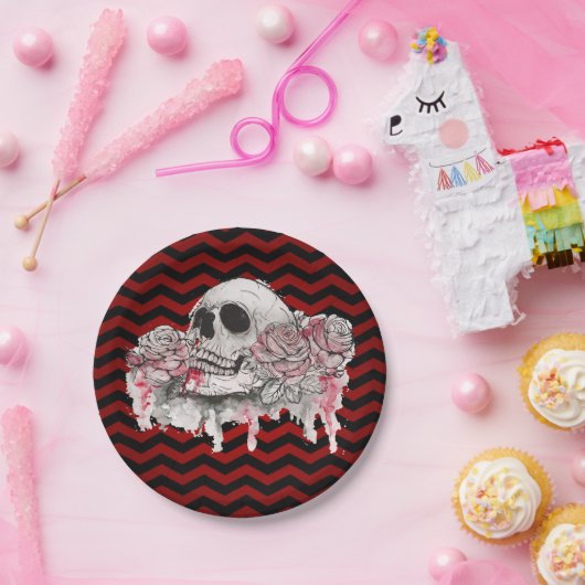 7" Rond Papier Bord schedel Roos Gotische Chevron (Feest)