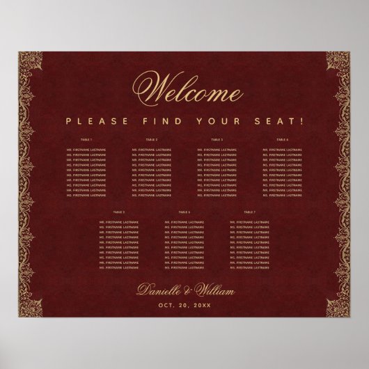 7 Tabel  Burgundy Gold Script-sessieschema Poster (Voorkant)