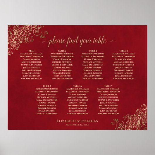 7 Tabel Crimson Red & Gold Wedding Seating Chart Poster (Voorkant)