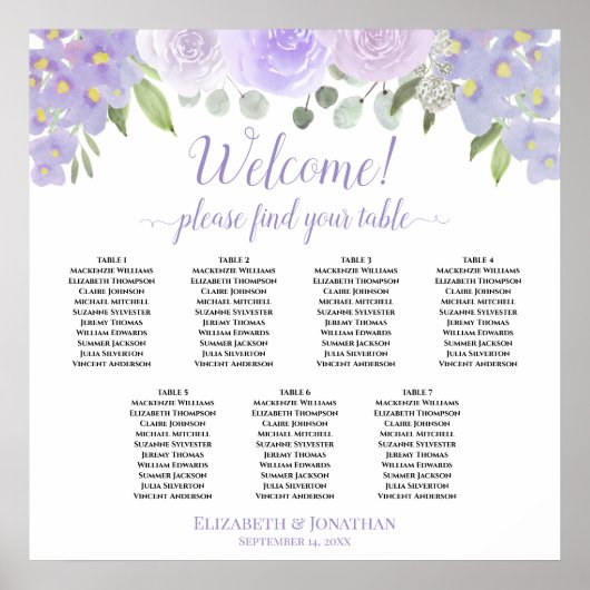 7 Tabel Lavender Floral Wedding Seating Chart Poster (Voorkant)