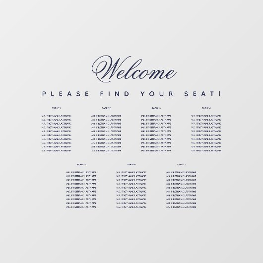 7 Tabel Transparante Zitenkaart Navy Blue Script Raamsticker (Vel)