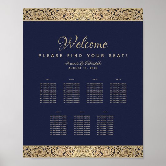 7 Tabellen Navy Blue Wedding Seating Chart Gold Ro Poster (Voorkant)