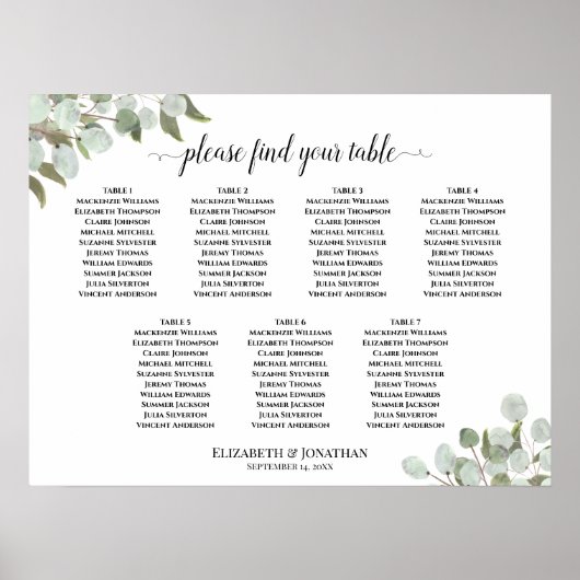 7 Tafel bijtende Eucalyptus Wedding Seating Chart Poster (Voorkant)