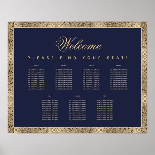 7 Tafel Navy Blauwe Gouden Rozen Script Stoelenkaa Poster (Voorkant)