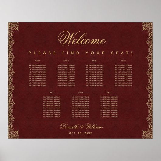 7 Tafel Oudroze Goud Schrift Zitplaatsindeling Poster (Voorkant)