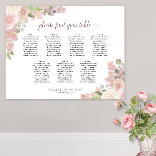 7 Tafel Roze Boho Bloemige Trouwstoelindeling Poster