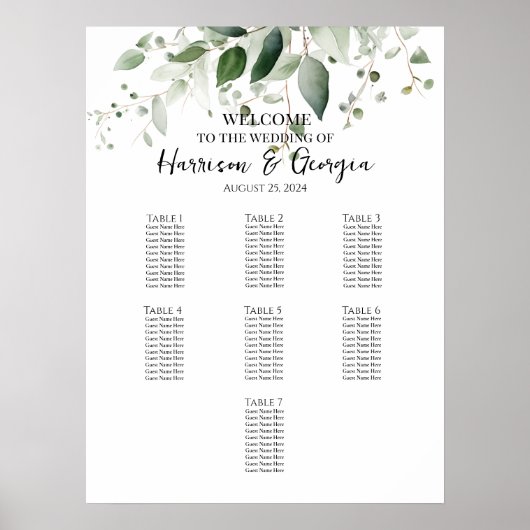7 tafels groen elegante bruiloft zitgrafiek poster (Voorkant)