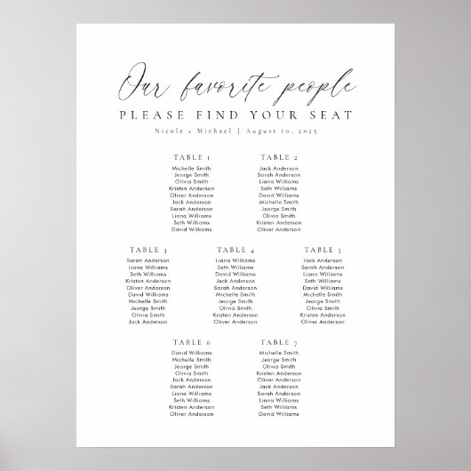 7 Tafels Onze favoriete mensen Zitplaatskaart Poster (Voorkant)