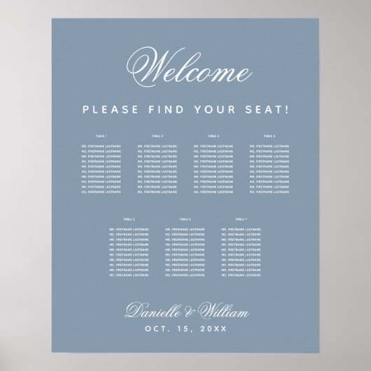 7 Tafels Stof Blauw Trouw Script Stoelenkaart Poster (Voorkant)