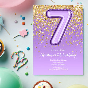 7de Ballon Glitter Paarse Verjaardagsfeestje Kaart