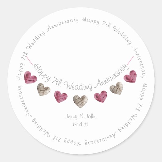 7de trouwdag wol hart slinger ronde sticker (Voorkant)