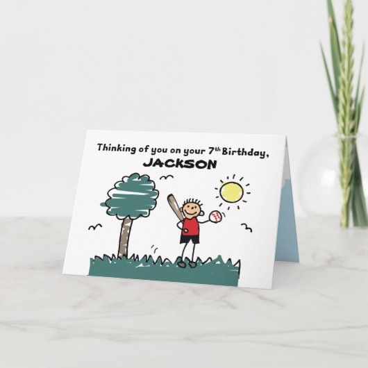 7e Baseball Birthday Eigen naam w/Stick Figuur Kaart (Voorkant)