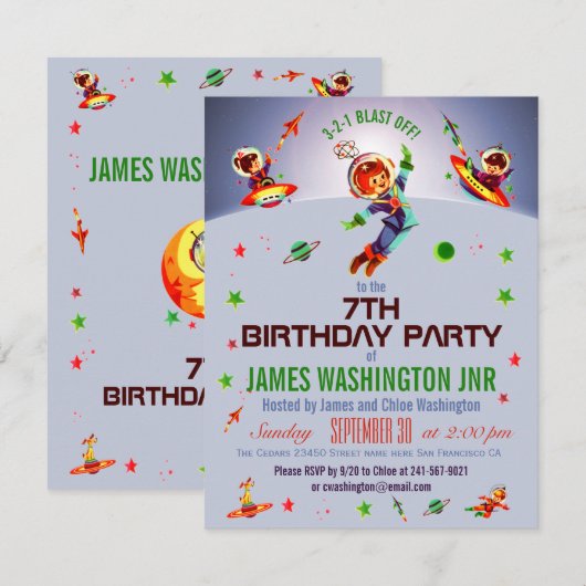 7e Birthday Party van Space Boy Kaart (Voorkant / Achterkant)