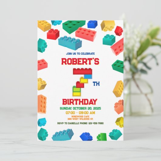 7e Bouwstenen Verjaardag uitnodiging, Bouw Kaart (Staand voorkant)