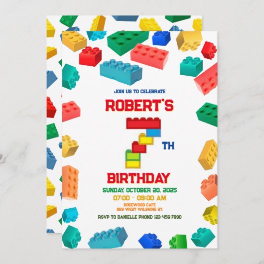 7e Bouwstenen Verjaardag uitnodiging, Bouw Kaart (Voorkant / Achterkant)
