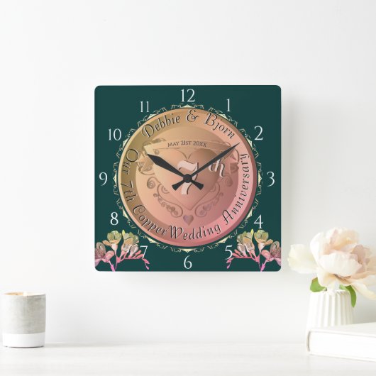 7e bruiloft Jubileum Coppery hart Embleem Vierkante Klok (Huis)
