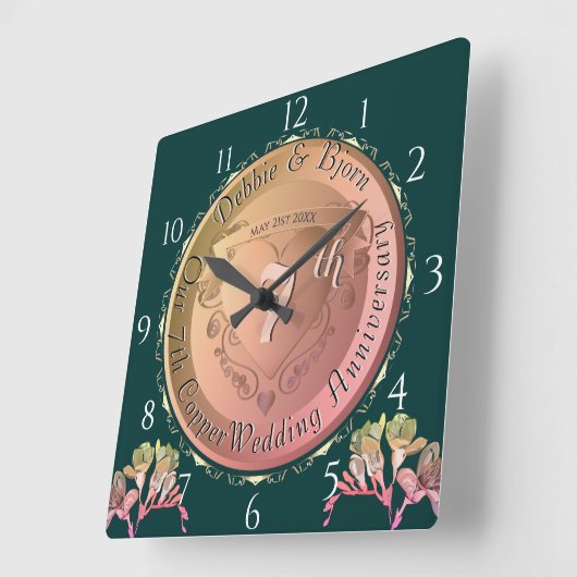 7e bruiloft Jubileum Coppery hart Embleem Vierkante Klok (Hoek)