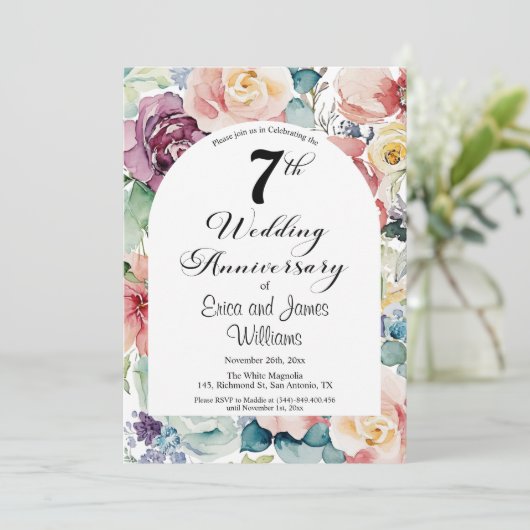 7e bruiloft Jubileum Elegant Script Floral Kaart (Staand voorkant)