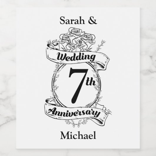 7E bruiloft Jubileum Rozen Wijn Etiket (Enkel label)