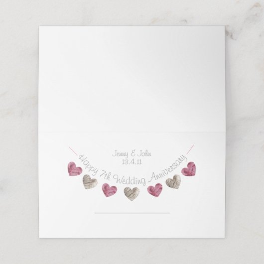 7e bruiloft Jubileum wol hart placecard Plaatskaartje (Buitenkant ongevouwen)