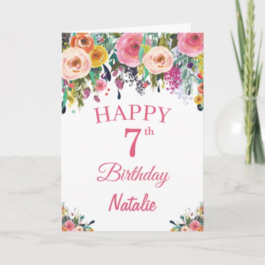 7e geboortedag Waterverf Floral Flowers Pink Card Kaart (Voorkant)
