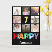 7e Happy Birthday Foto Collage Modern Black Kaart (Gele Bloem)