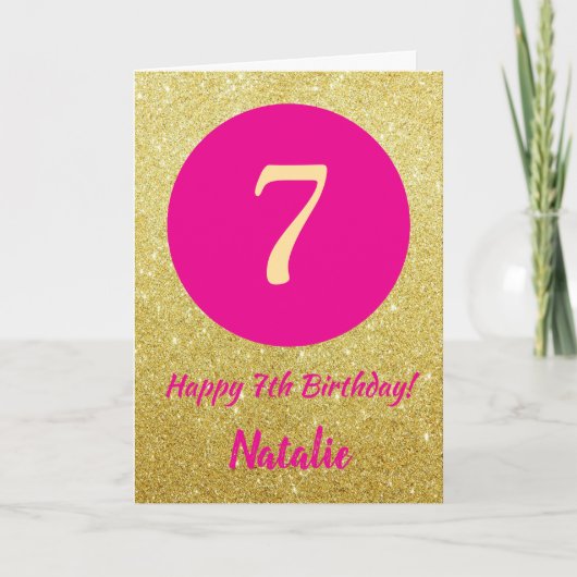 7e Happy Birthday Hot Pink en Gouden Glitter Kaart (Voorkant)