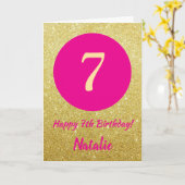 7e Happy Birthday Hot Pink en Gouden Glitter Kaart (Gele Bloem)