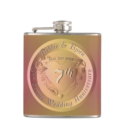 7e Jubileum Medallion Flask op koperbruiloft Heupfles (Voorkant)