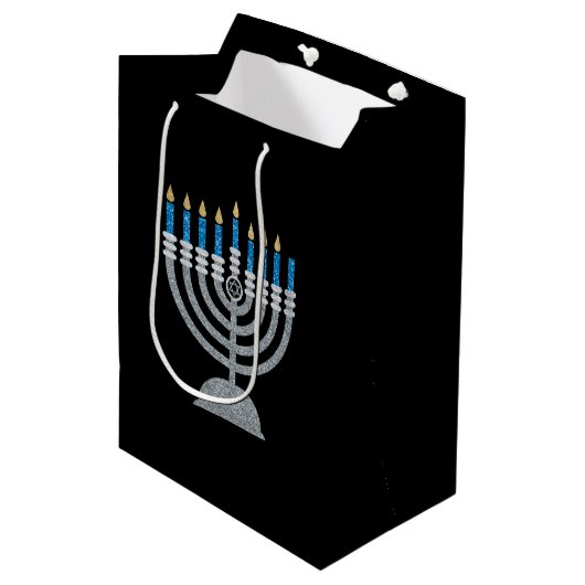 7e nacht Hanukkah Glitter Medium Gift Bag Cadeauzakje (Voorkant Gekanteld)