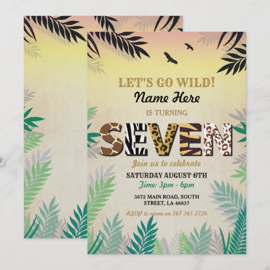 7e Oerwoud ZEVEN Birthday Party Safari ZOO Invite Kaart (Voorkant / Achterkant)