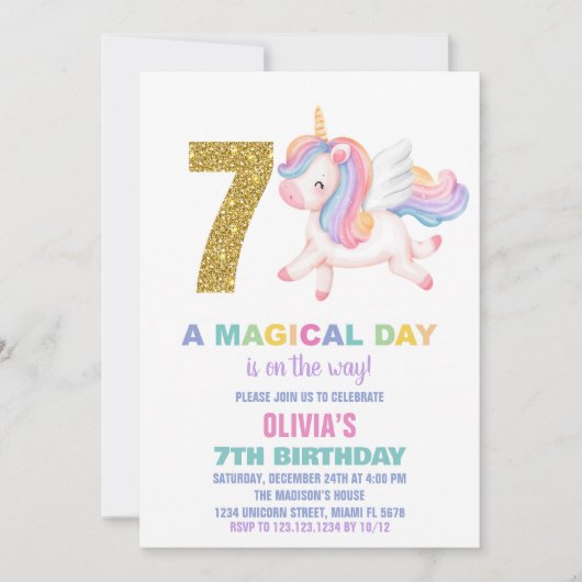 7e Rainbow Unicorn Verjaardag Uitnodigingen (Voorkant)